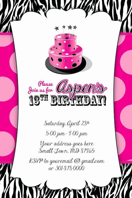 13th Birthday Invitation Ideas Beautiful Zebra Print Cake Invitation 13th Birthday Party Baby