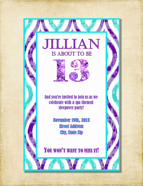 13th Birthday Party Invitation Wording Awesome Girl Birthday Party Invitation Purple &amp; by