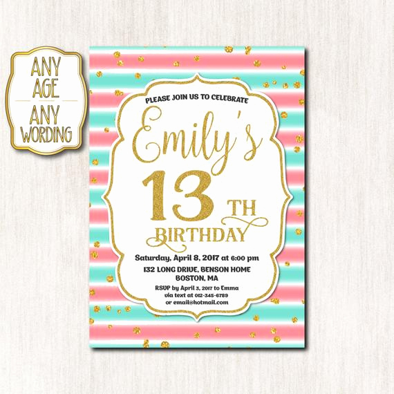 13th Birthday Party Invitation Wording Elegant 13th Birthday Invitation Thirteenth Birthday Gold Glitter