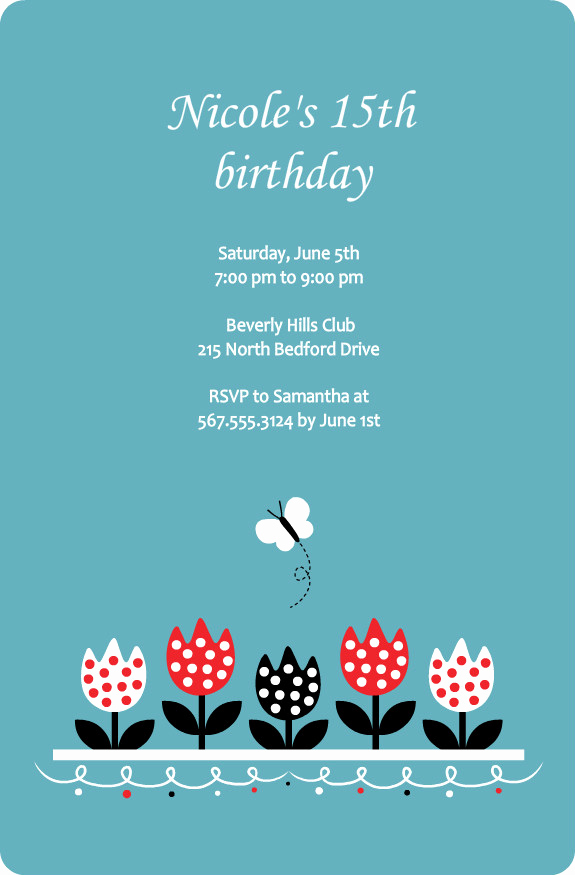 15th Birthday Invitation Wording Elegant Teens Birthday Party Invitations Blue and Red Tulips