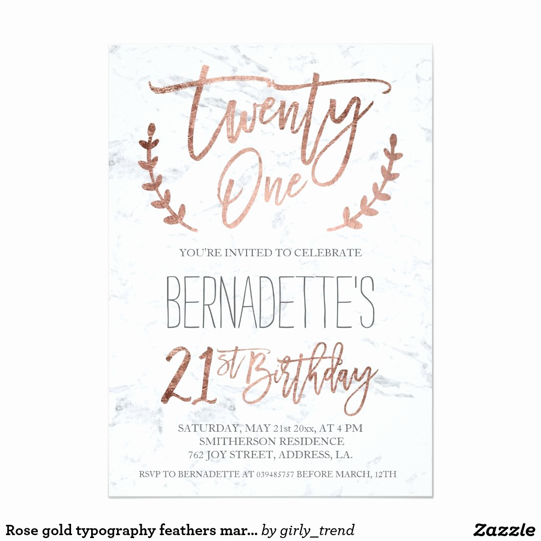21st Birthday Invitation Ideas Lovely Rose Gold Typography Feathers Marble 21st Birthday