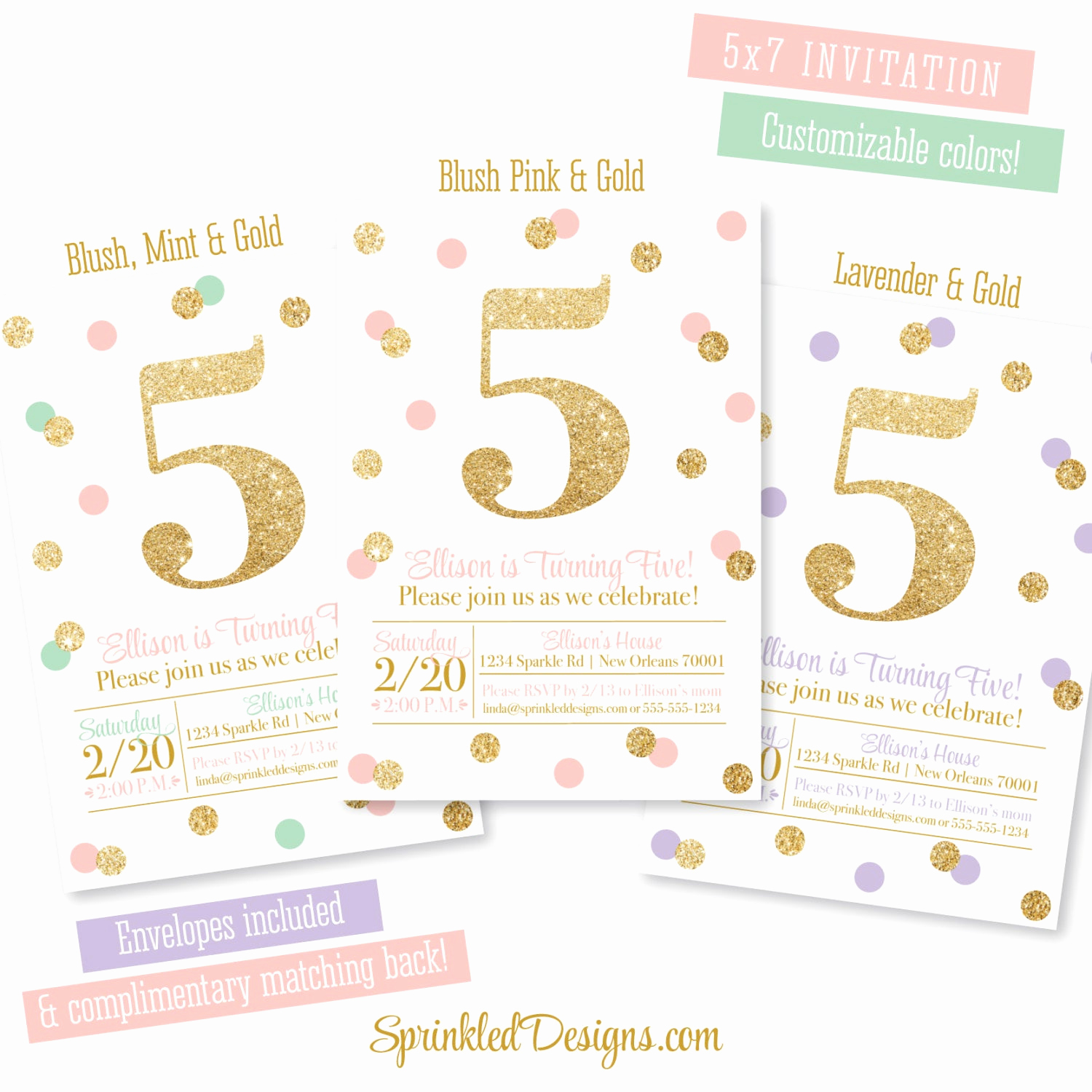 5th Birthday Party Invitation Elegant 5th Birthday Invitation Blush Pink Mint Gold Glitter