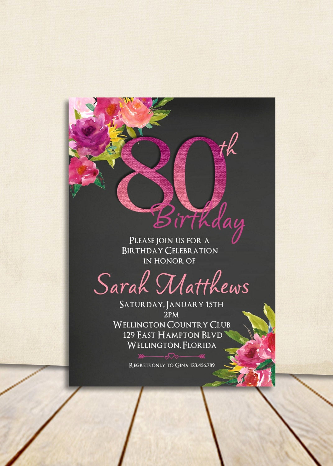 80th Birthday Invitation Wording Unique Watercolor Floral Chalkboard 80th Birthday Invitation