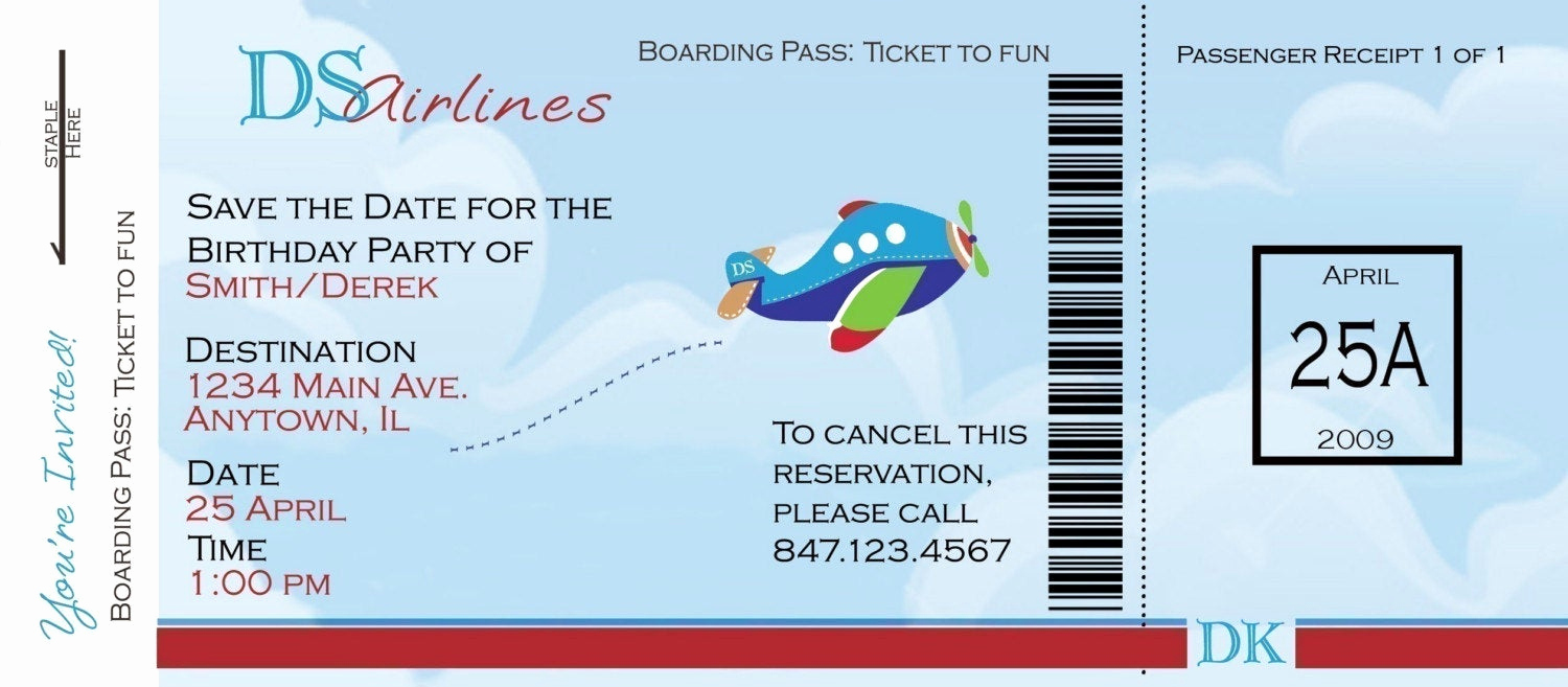 Airline Ticket Invitation Template Lovely Airplane Boarding Pass Birthday Invitation