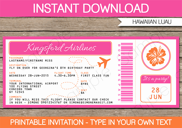 Airline Ticket Invitation Template Lovely Luau Boarding Pass Invitations