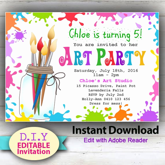 Art Party Invitation Template Inspirational Editable Art Party Instant Download Invitation