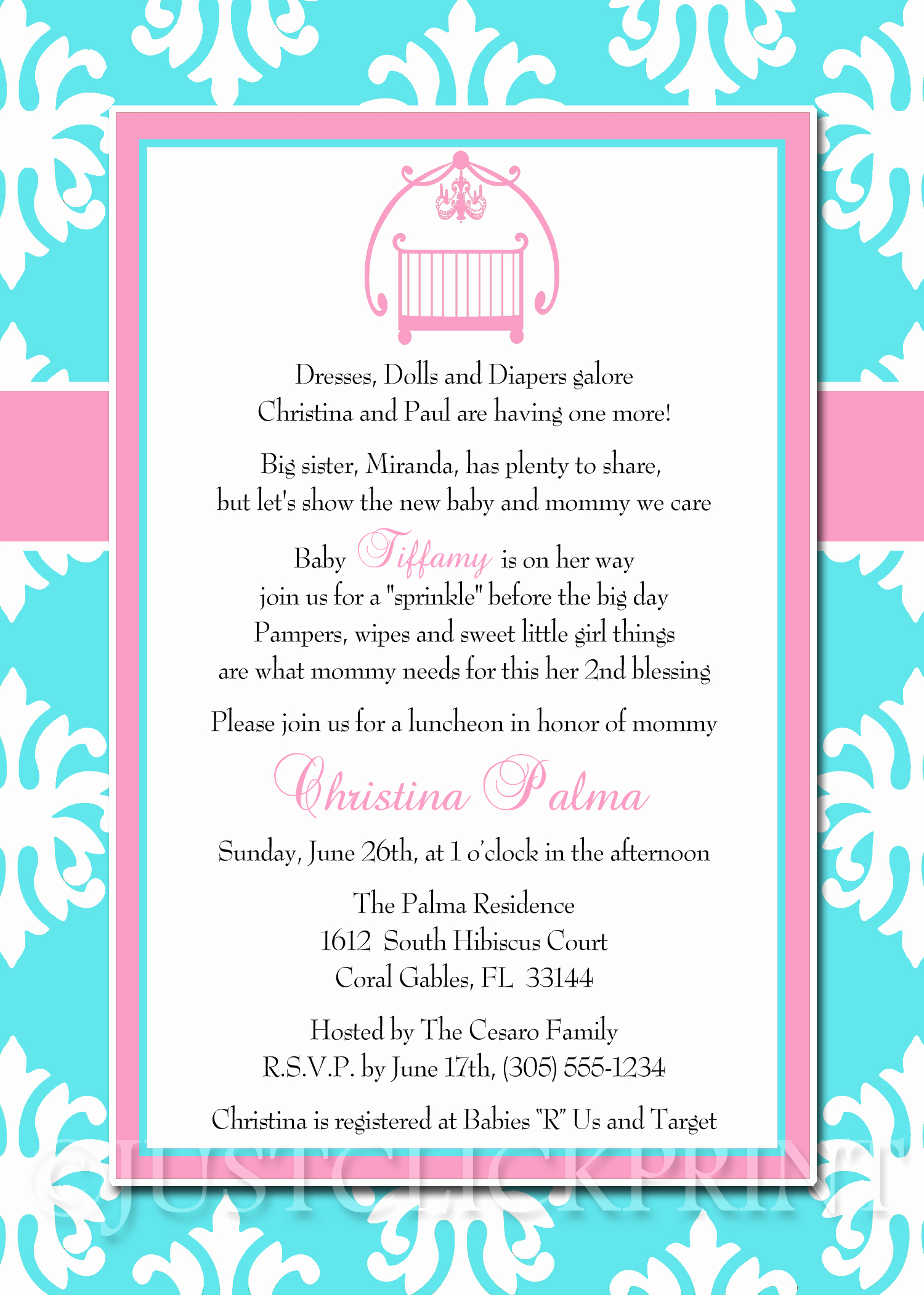 Baby Shower Invitation Text Unique Baby Sprinkle Tiffany Blue Pink Damask Baby Shower