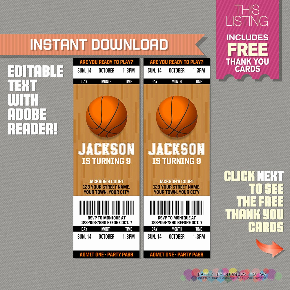 Basketball Ticket Invitation Template Free Best Of Basketball Ticket Invitation with Free Thank You Card