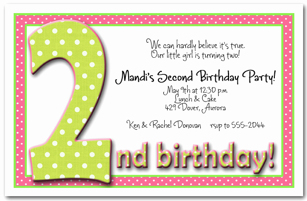 Birthday Invitation Wording for Kids Beautiful Green &amp; Pink Polka Dots Girl S 2nd Birthday Party Invitation