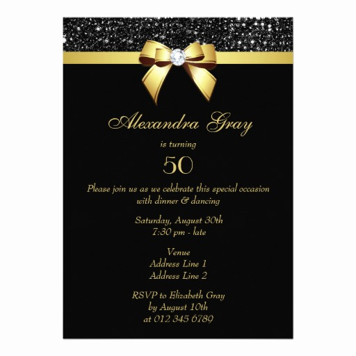 Black and Gold Invitation Beautiful Any Age Birthday Faux Sequins Bow Black Gold Invitation