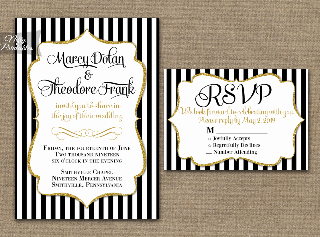 Black and Gold Invitation Lovely Black &amp; White Striped Gold Wedding Invitations Nifty