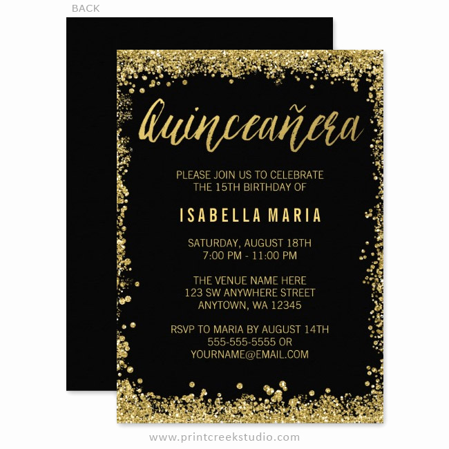 Black and Gold Invitation Lovely Black Gold Faux Glitter Quinceanera 15th Birthday