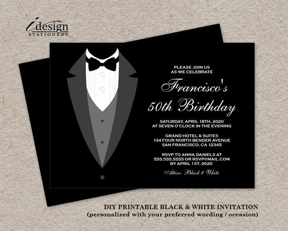 Black and White Invitation Template Unique Black and White Birthday Invitation with Tuxedo Printable