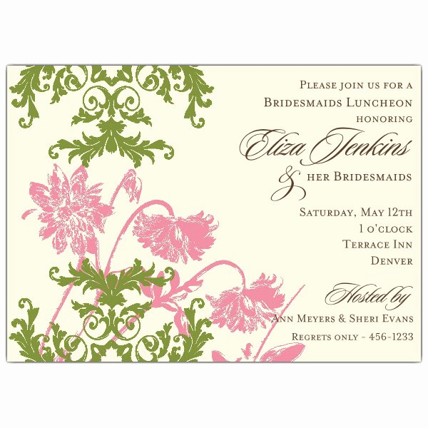 Bridal Luncheon Invitation Wording Elegant Floral Lace Pink and Green Bridesmaids Luncheon