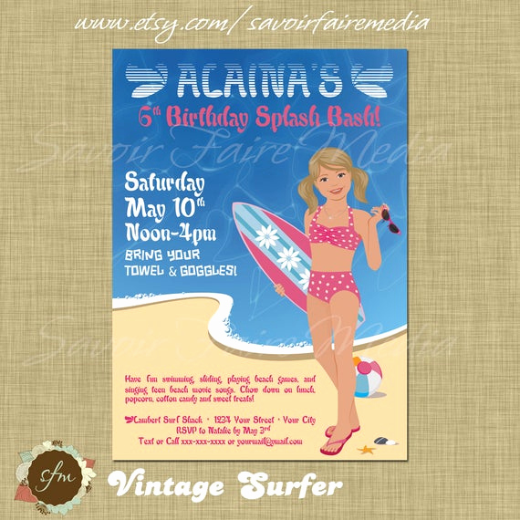 Bring Your Swimsuit Invitation Elegant Surfer Girl Retro Pool Party Invitation Pink Bathing Suit Teen