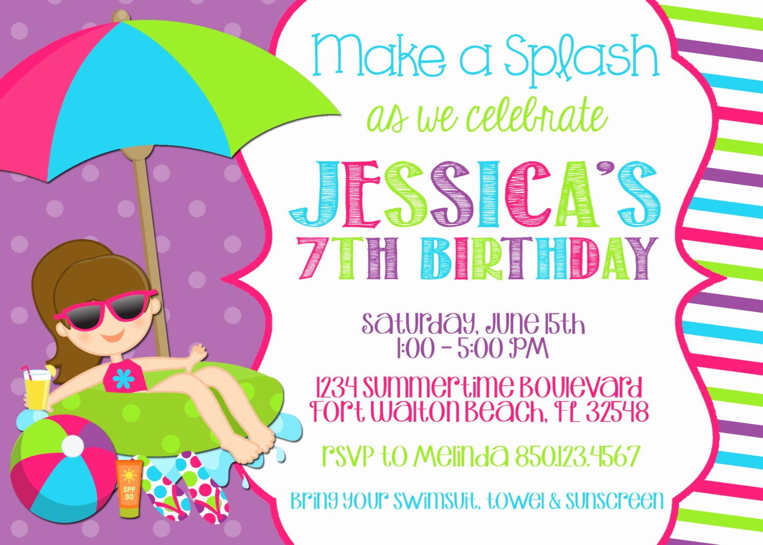 Bring Your Swimsuit Invitation New Swimming Pool 5x7 Invitation Girl Birthday Party Printable