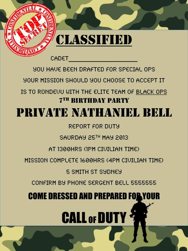 Call Of Duty Invitation Template Awesome Military Army Call Of Duty Black Ops Party Invitation