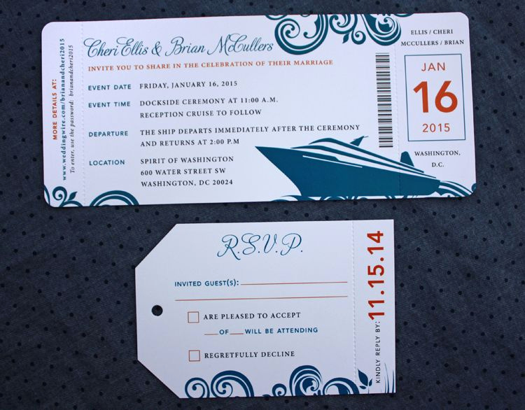 Cruise Ship Wedding Invitation Luxury orange &amp; Dark Blue Swirl &amp; Cruise Ship Boarding Pass