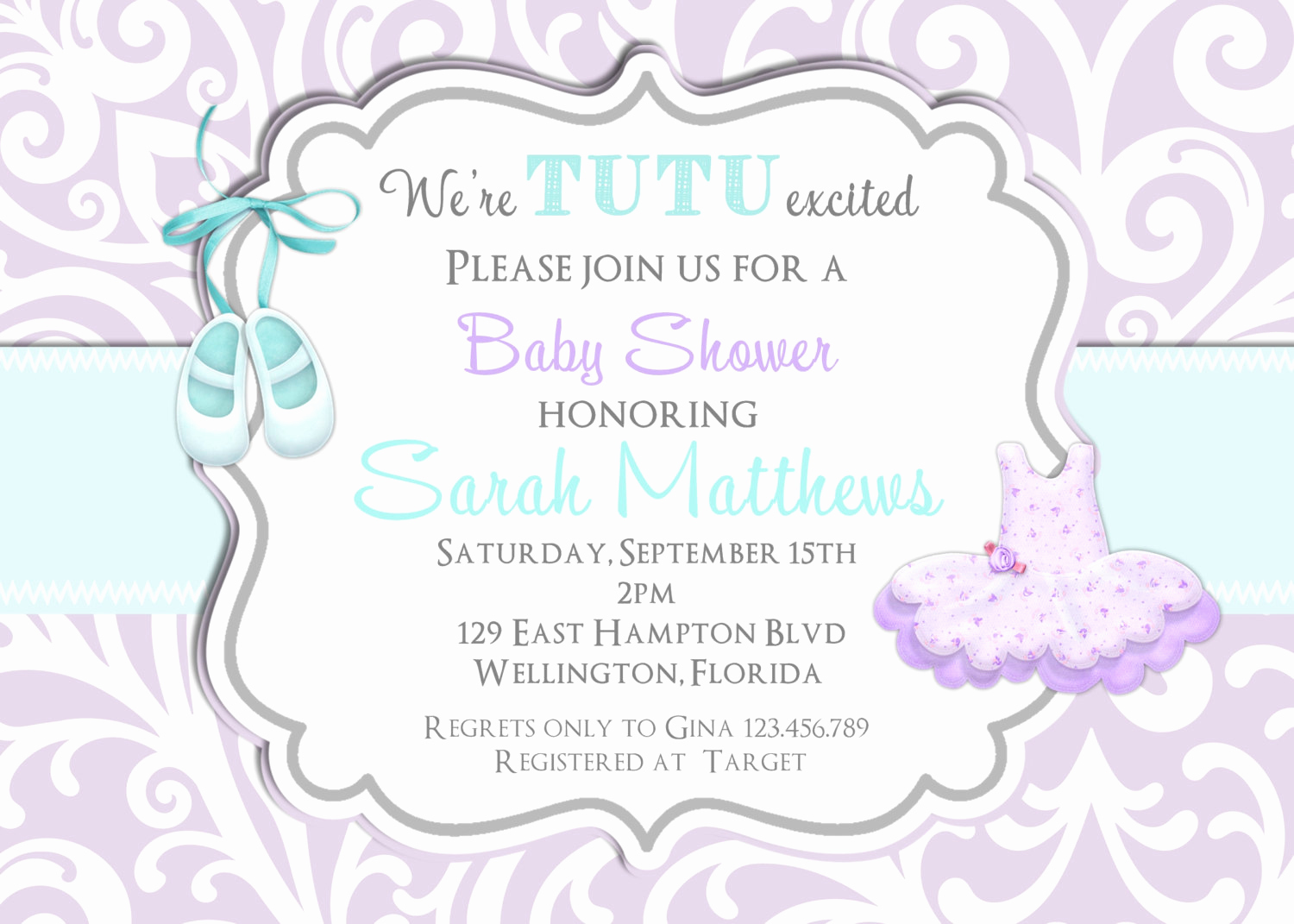 Cute Baby Shower Invitation Wording Elegant Tutu Cute Baby Shower Invitation Ballerina Bkue and Lavender