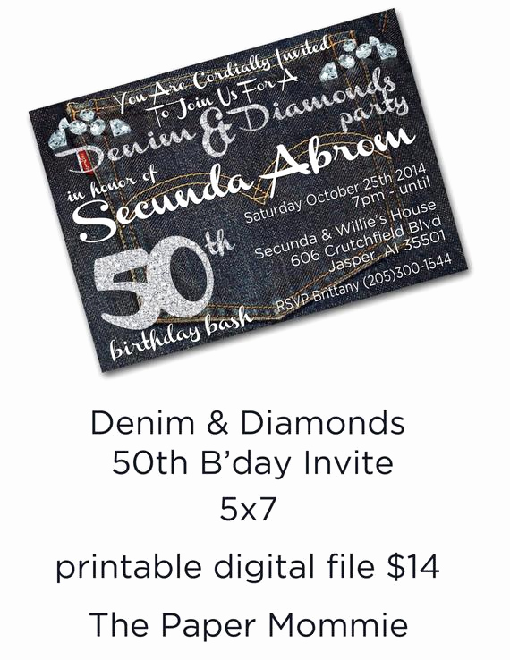 Denim and Diamonds Invitation Beautiful Denim and Diamonds 50th Birthday Bash Invite