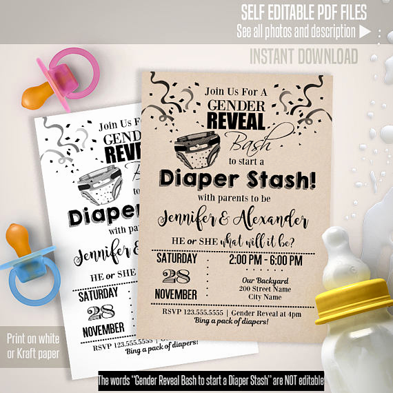 gender reveal diaper party invitation