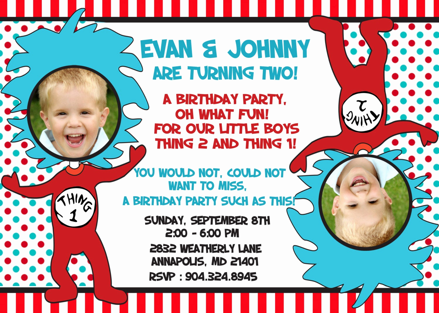 Dr Seuss Birthday Invitation Luxury Dr Seuss Thing 1 Thing 2 Twins Birthday Party Invitation