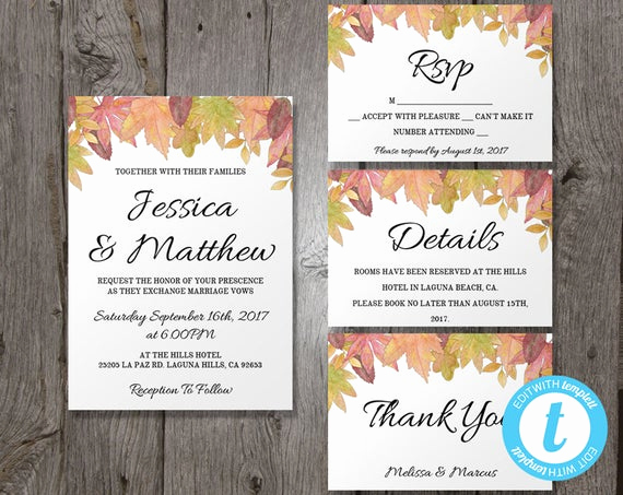 Fall Wedding Invitation Templates Best Of Fall Wedding Invitation Template Suite Autumn Leaves