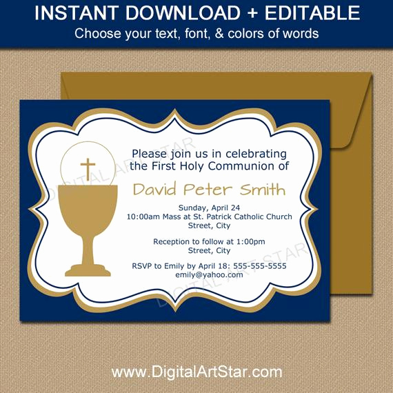 First Communion Invitation Template Inspirational First Munion Invitation Template Editable Navy &amp; Gold