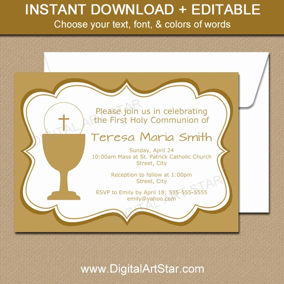 First Communion Invitation Template Unique First Holy Munion Invitations Printable Gold First