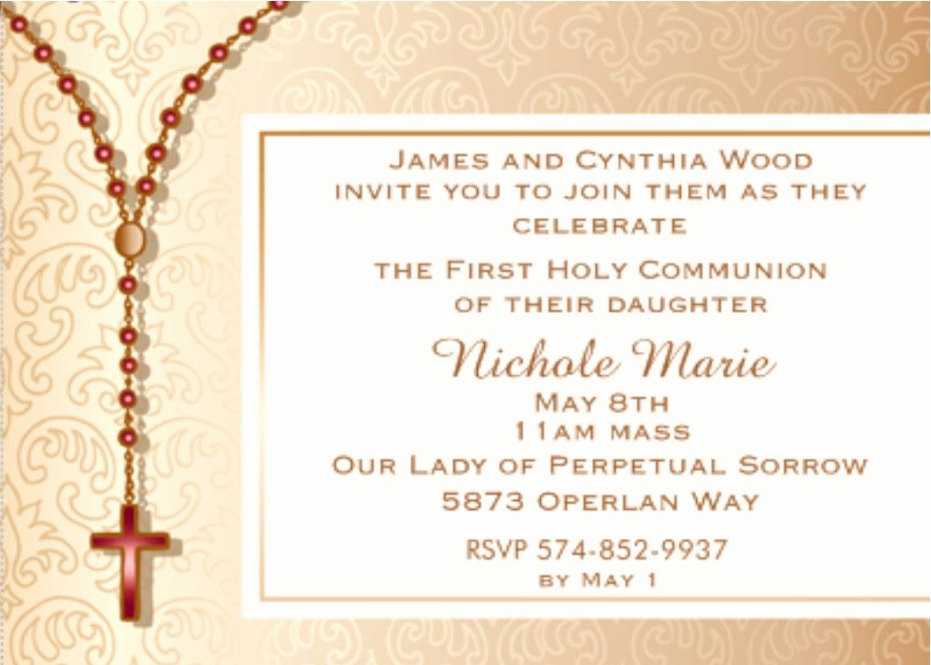 First Communion Invitation Wording Inspirational First Munion Party Invitation Rosary Beads Cross On