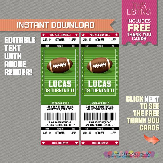 Football Ticket Template Invitation Luxury Football Ticket Invitation with Free Thank You Card