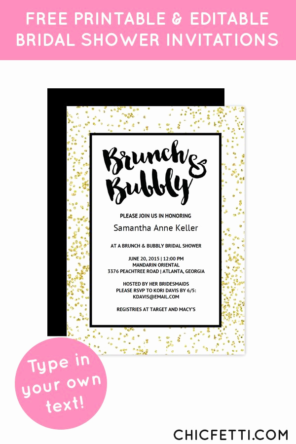 Free Bridal Shower Invitation Printables Unique Gold Confetti Brunch Bubbly Bridal Shower Invitation