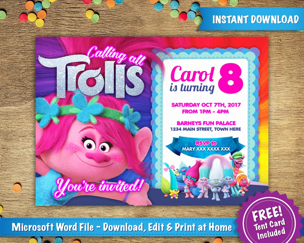 Free Trolls Invitation Template Awesome Diy Printable 5x7 Trolls Poppy Birthday Party Invitation