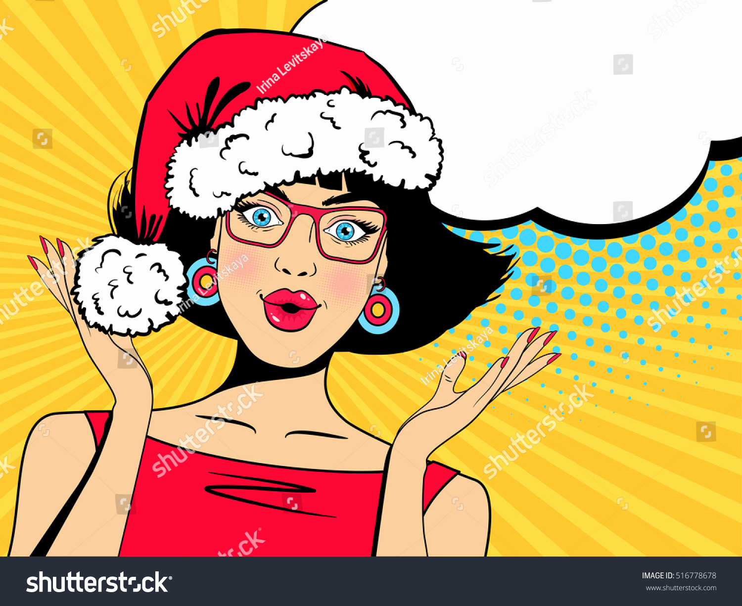 Glamorous Party Invitation Wow Lovely Pop Art Wow Christmas Face Y Stock Vector