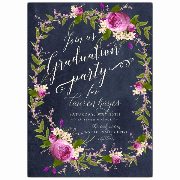 Graduation Party Invitation Cards Beautiful Floral Bouquet Wreath Blue Chalk Graduation Party