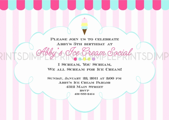 Ice Cream social Invitation Wording Lovely Ice Cream social Printable Party Invitation Dimple