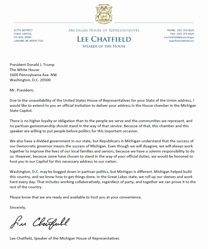 Invitation Letter for Speaker Lovely Speaker Chatfield Invites President Trump to Deliver State