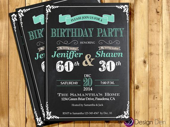 Joint Birthday Party Invitation Wording Lovely Adult Joint Birthday Invitation Chalkboard White and Teal