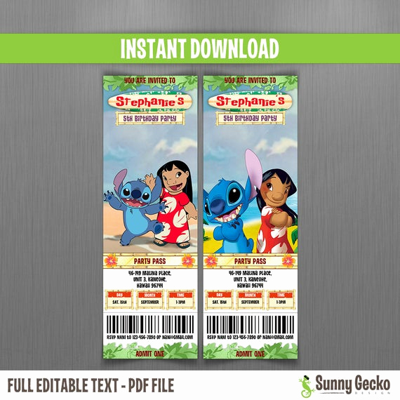 Lilo and Stitch Invitation Lovely Disney Lilo &amp; Stitch Birthday Ticket Invitations Instant