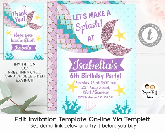 Mermaid Tail Template for Invitation Unique Editable Mermaid Tail Birthday Invitation and Favor Tags