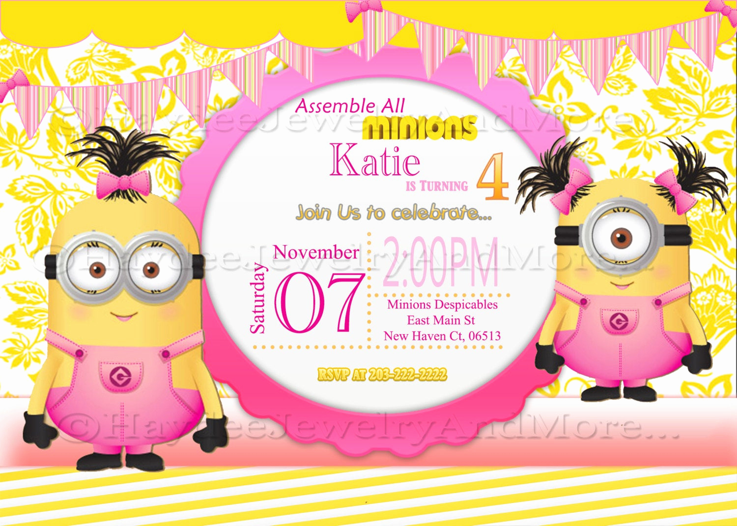 Minions Birthday Party Invitation Best Of Minions Girls Birthday Card Invitation Minions theme Birthday