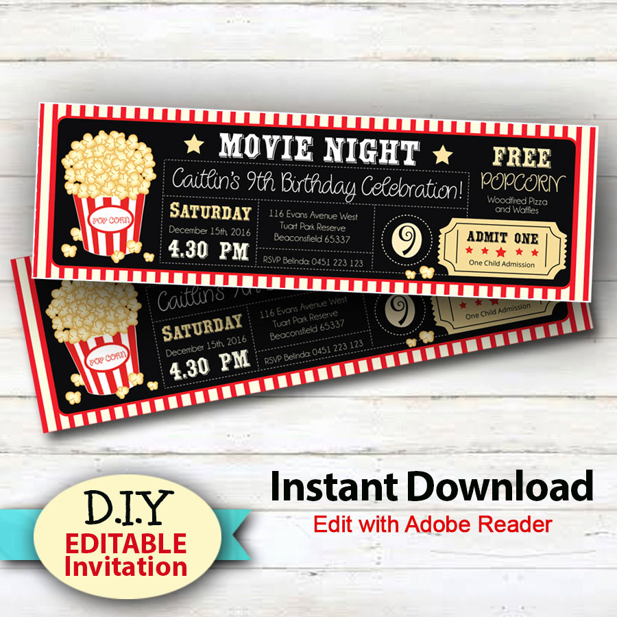 Movie Ticket Birthday Invitation Lovely Editable Instant Download Movie Party Invitations Boy or