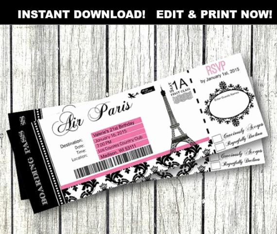 Paris Boarding Pass Invitation Lovely Paris Boarding Pass Invitation Diy Editable Birthday Party