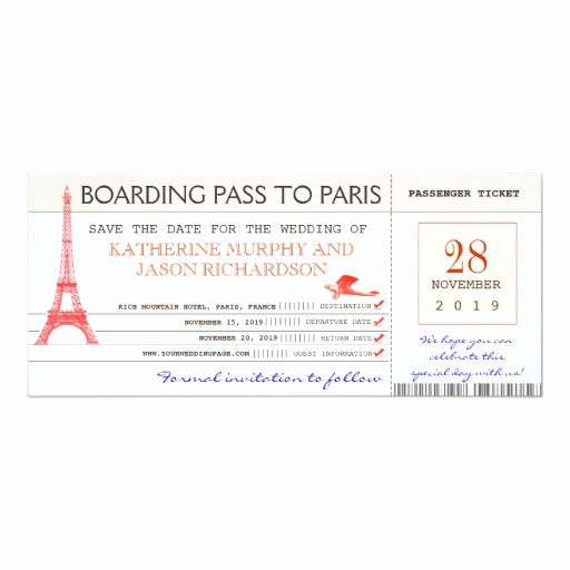 Paris Boarding Pass Invitation Unique Save the Date Boarding Pass to Paris France 4&quot; X 9 25