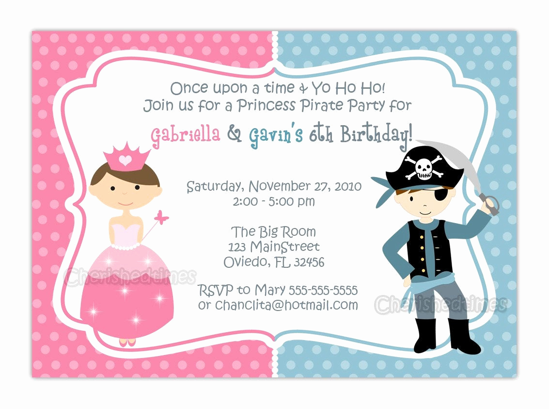 Princess and Pirate Invitation Lovely Princess and Pirate or Knight Zebra or Dots Background