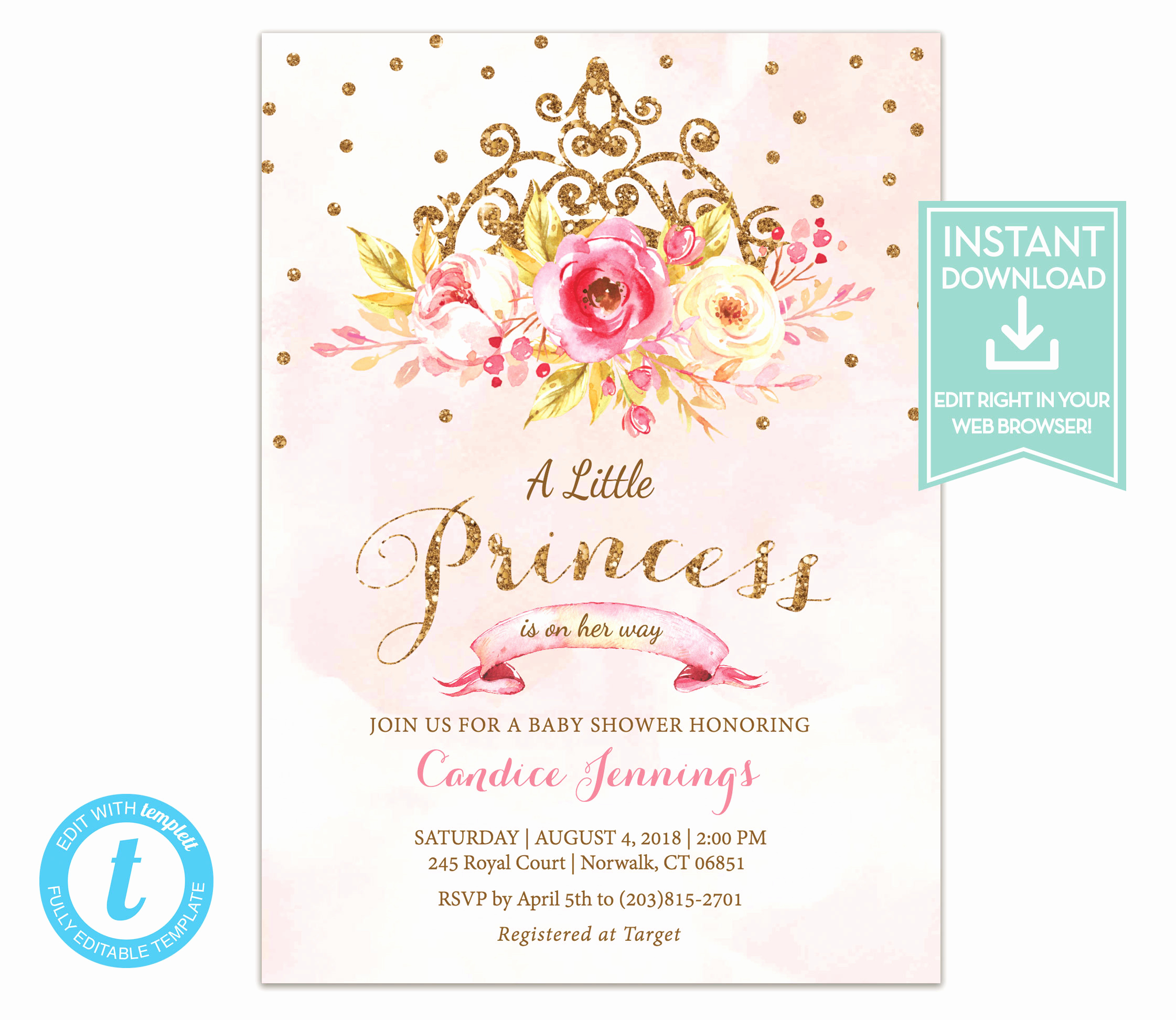 Princess Baby Shower Invitation Wording Fresh Little Princess Baby Shower Invitation Instant Download