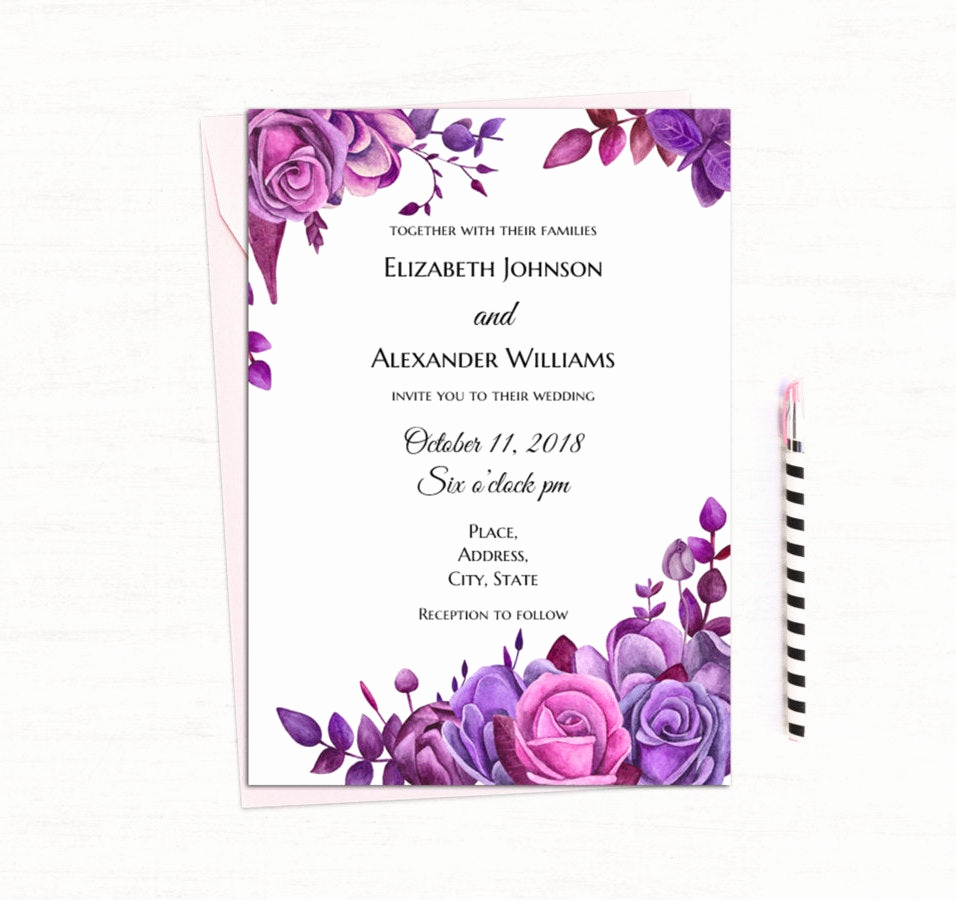 Purple Wedding Invitation Template Elegant Purple Roses Invitation Template Floral Wedding Invitation