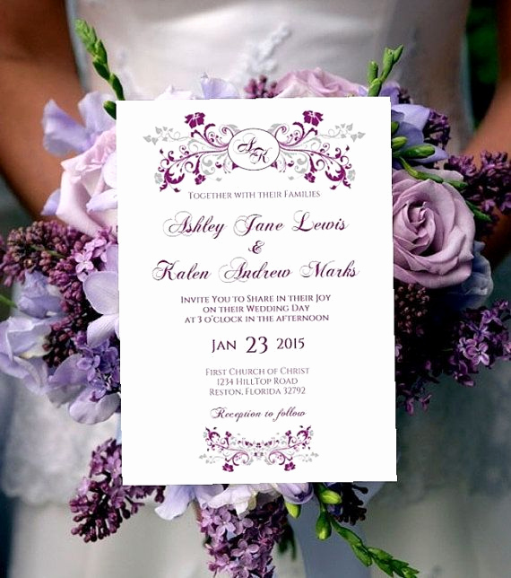Purple Wedding Invitation Template New Printable Wedding Invitation Template Monogram Purple Plum