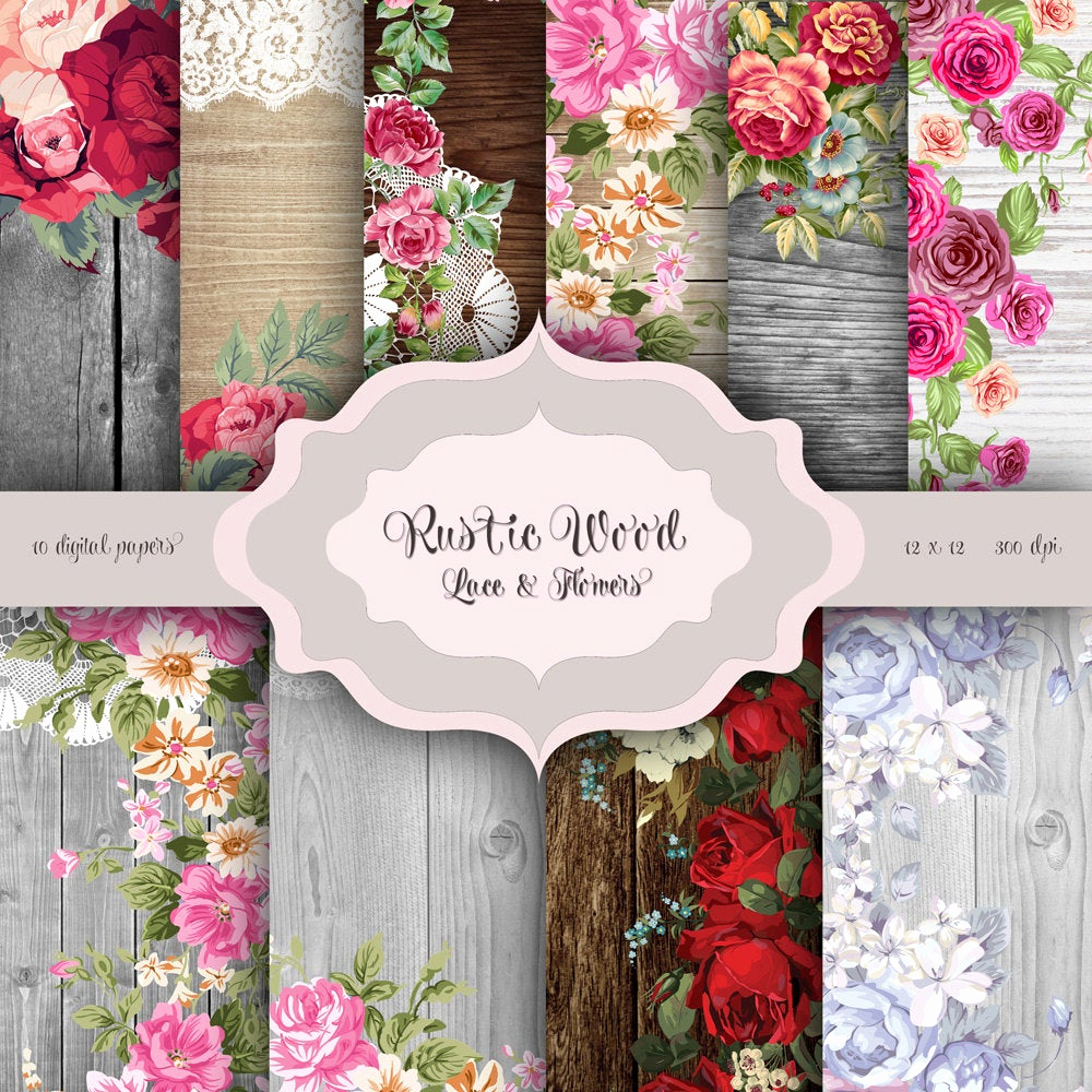 rustic wood flowers lace digital paper