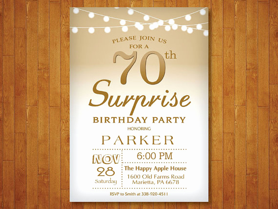 Surprise 70th Birthday Invitation Wording Unique Surprise 70th Birthday Invitation Gold and White String